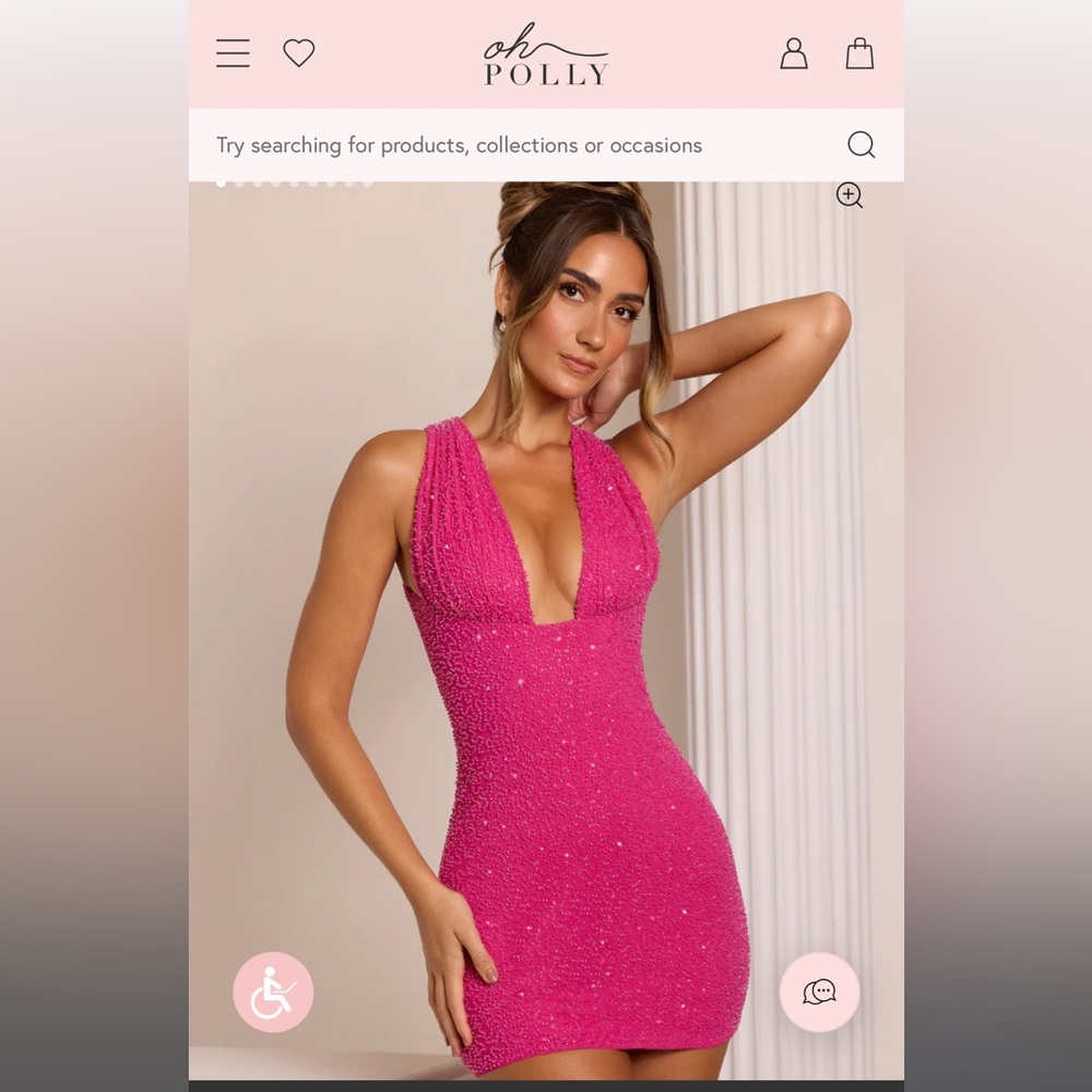 Oh Polly Embellished Plunge Neck Mini Dress in Fuschia